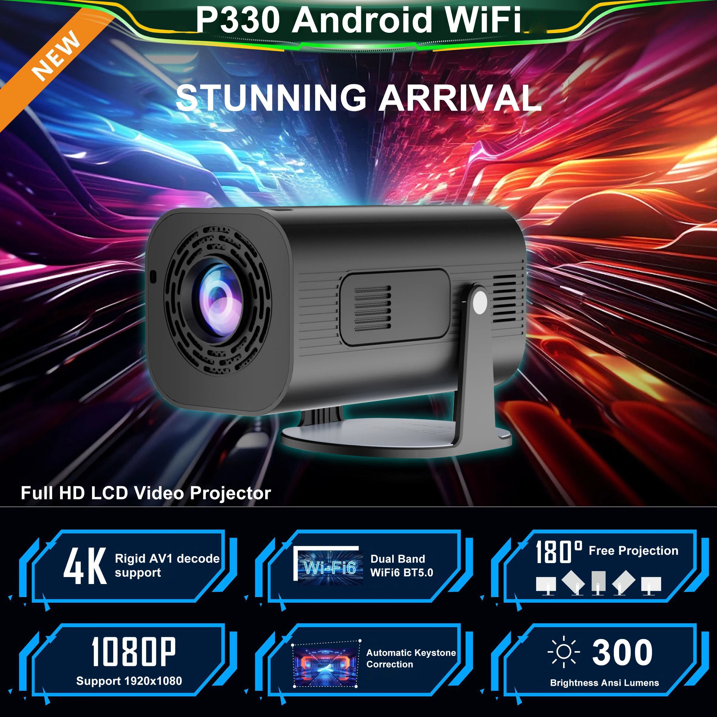P330 Smart Projector 1080P Android 11 Wifi BT5.0 Decode 4K Auto Keystone Home Cinema Outdoor Projector Airplay Iphone